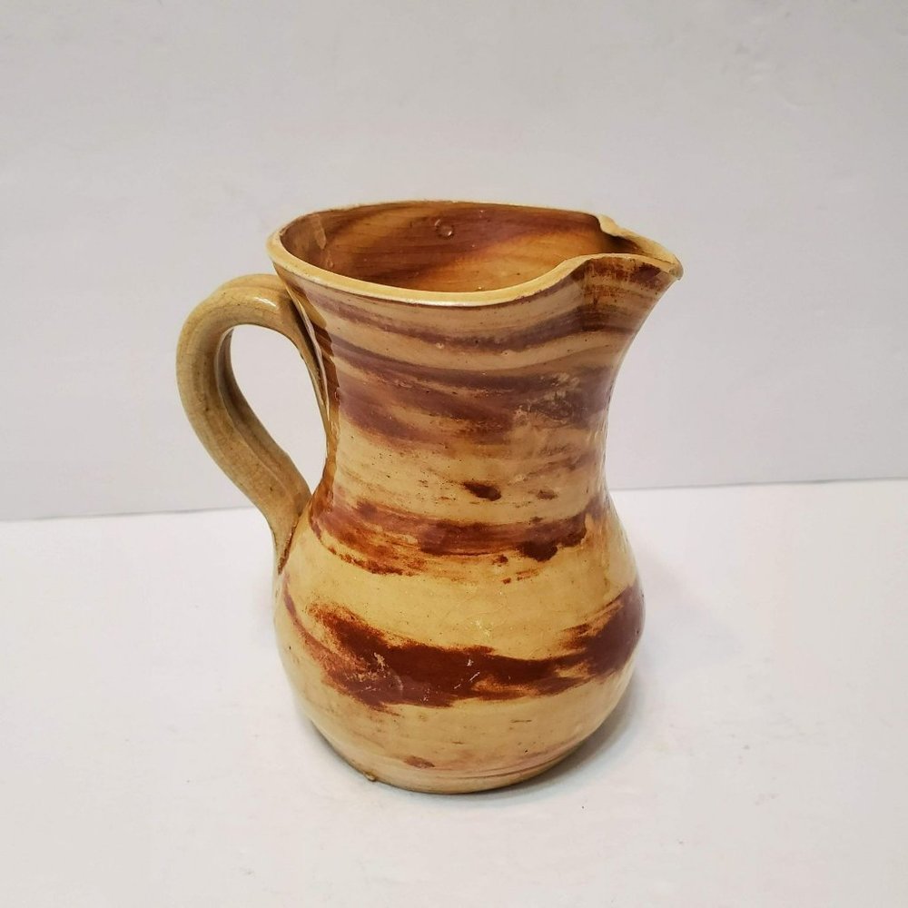 Vintage Williamsburg Pottery Creamer, Mini Pitcher, Swirl Brown Glaze N Carolina